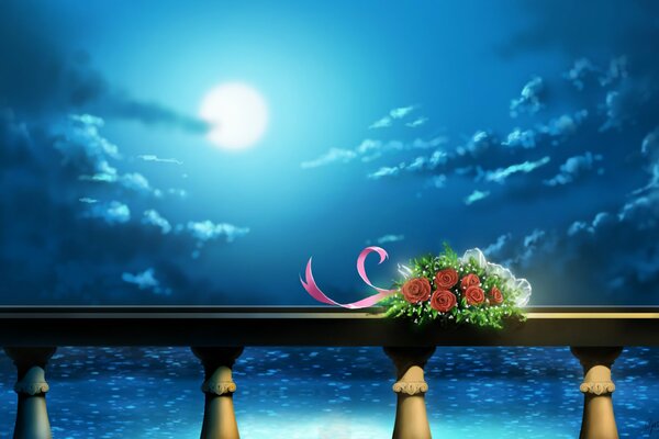 Bouquet sur la balustrade au clair de lune