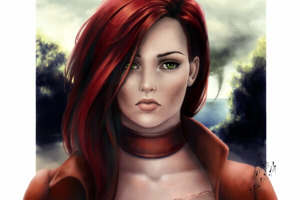 Retrato de una chica de pelo rojo con ojos verdes
