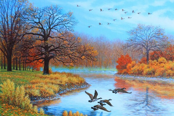 Картина осеннего пейзажа с рекой и птицами
