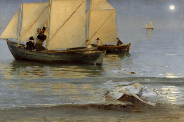 Pintura de un barco con una vela en la orilla del mar