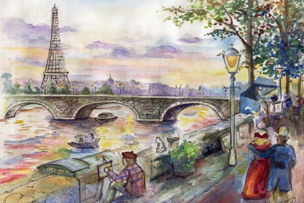 Dibujo pintoresco del puente de París