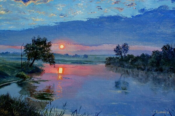 Pintura Lutsenko paisaje al atardecer