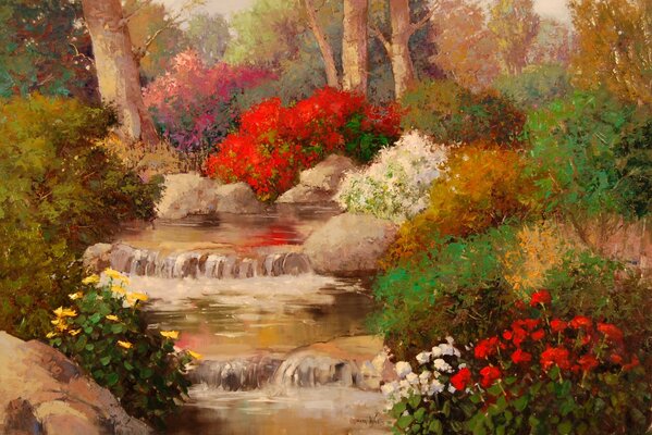 Una pequeña cascada, un arroyo que rodea arbustos en flor, flores rojas, blancas, amarillas y Rosadas