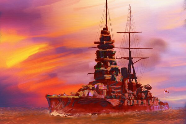 Pancernik Japońskiej Cesarskiej Marynarki Wojennej na morzu na zdjęciu
