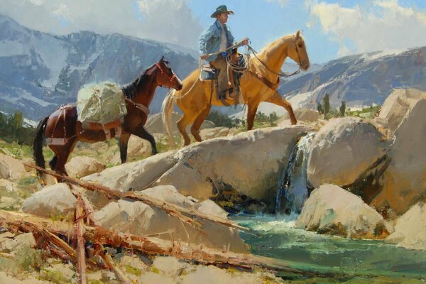 Kowboj galopuje na koniu obok rzeki, a Góry czekają na niego