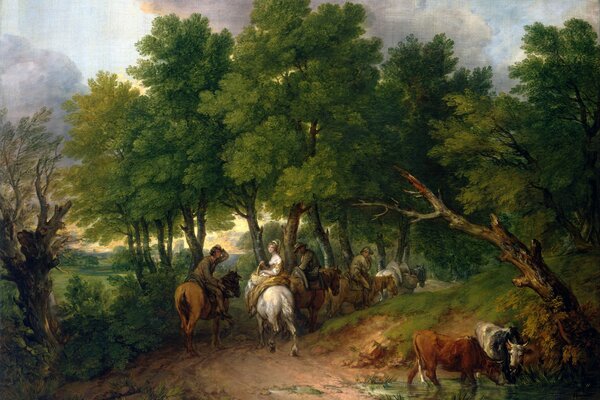 Hombres, caballos y vacas en el camino entre los árboles