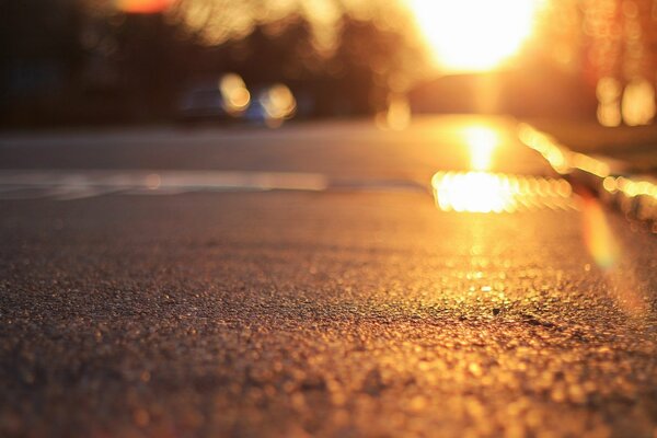 Raggi del sole al tramonto sull asfalto