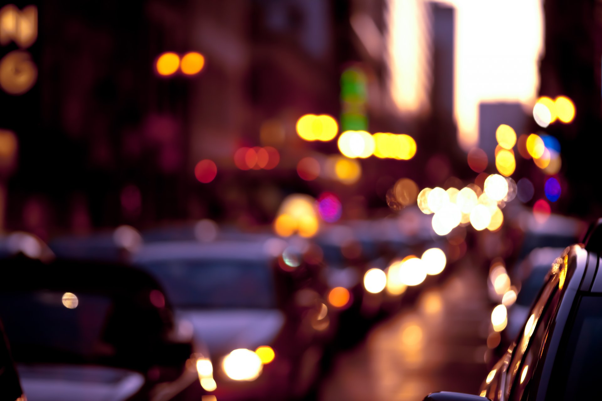 town night lights colored bokeh street road machinery