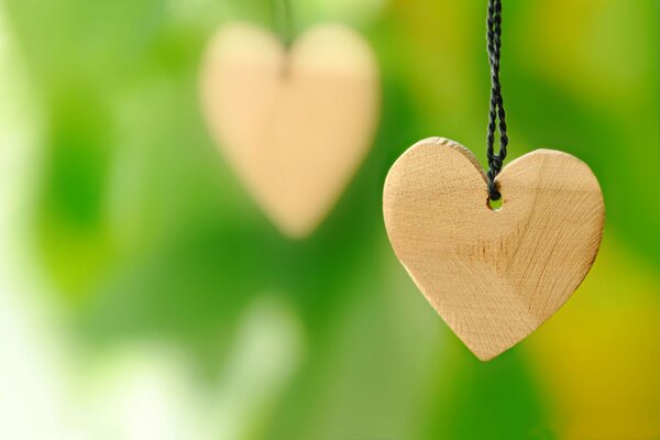 Corazones de madera con cordón sobre fondo verde