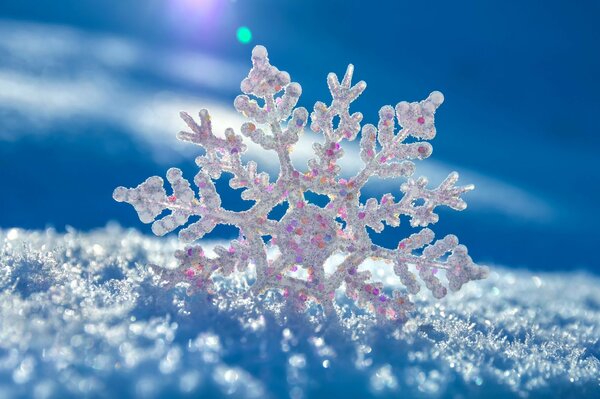 Eine Schneeflocke liegt auf dem Schnee