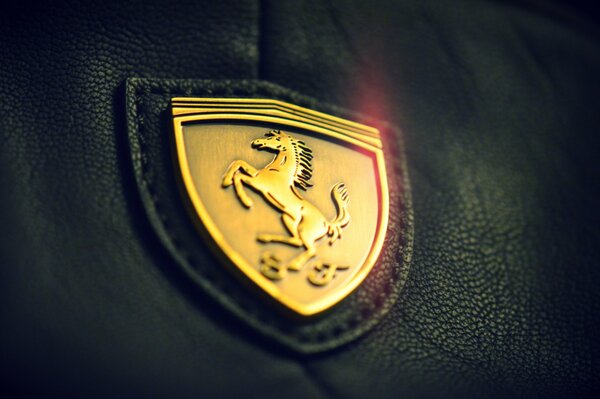 Gold Ferrari logo on leather