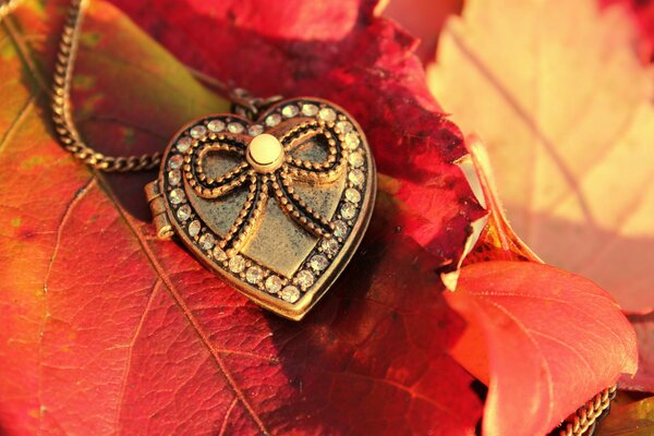 Portachiavi a forma di cuore decorato con un fiocco si trova su una foglia d autunno