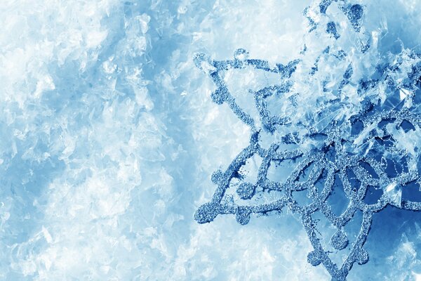 Macro shooting of winter ice with a snowflake in cold and frost