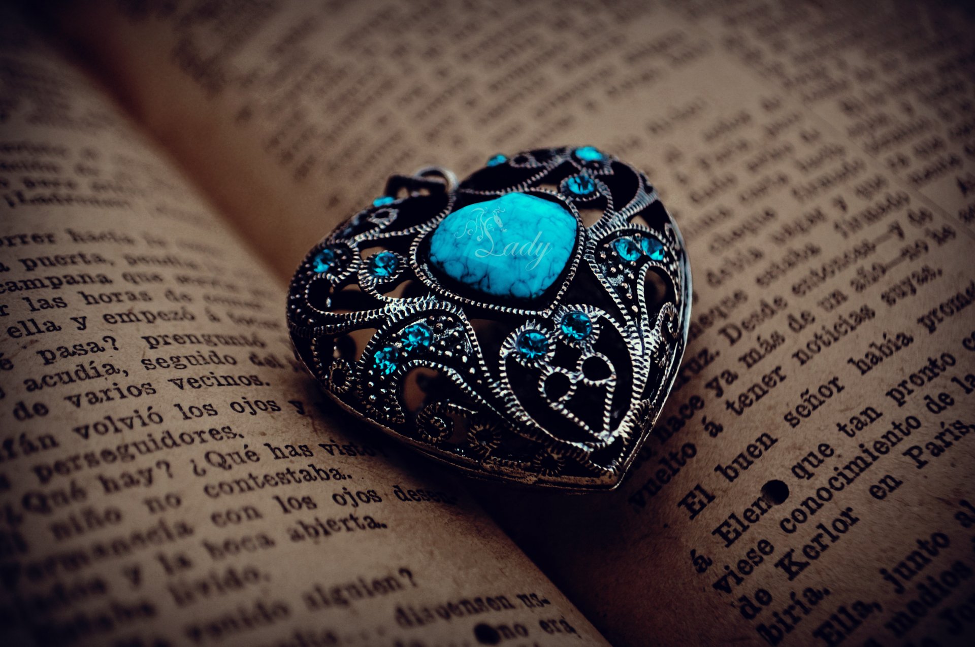 book pages pendant heart stone turquoise pattern metal