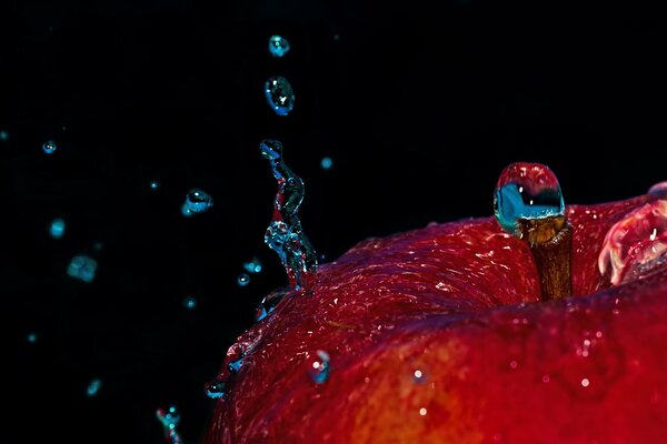 Krople wody rozbijają się o czerwone jabłko