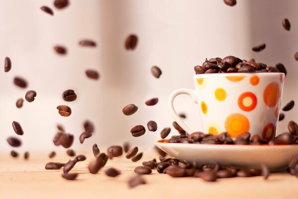 Coffee beans are flying in different directions