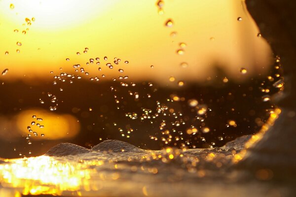 Sea water splashes against the background of a blurred sunset