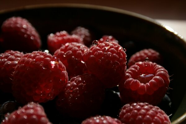 A plate of raspberries with dew drops