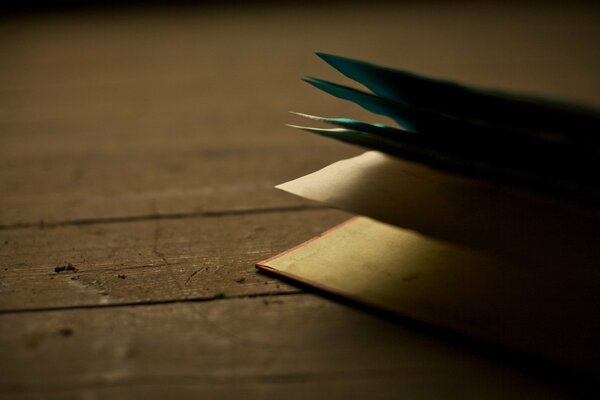 Livre ouvert. Feuilles de papier sur le plancher en bois