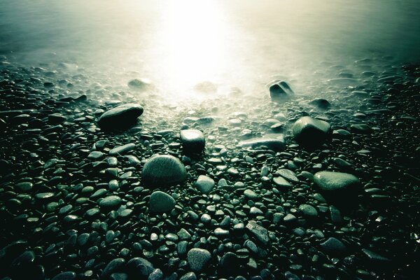 Light illuminates gray stones