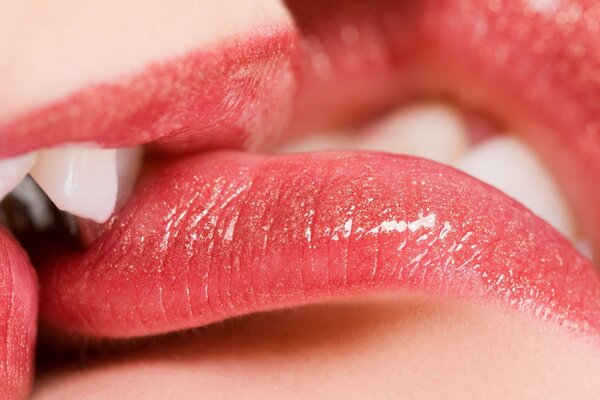 Küssen Sie zwei Mädchen mit rosa Lippenstift