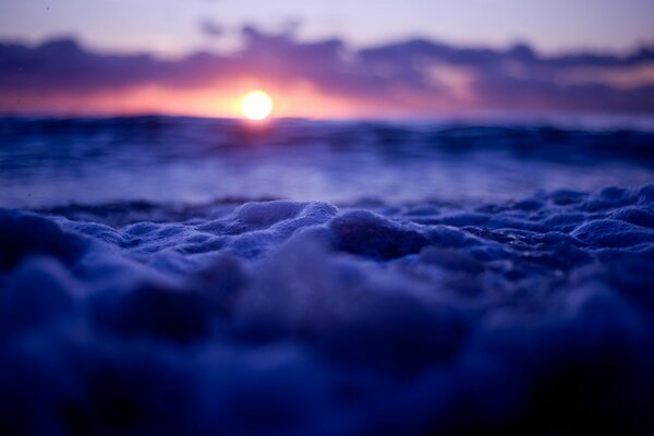 Sea foam on the background of sunset