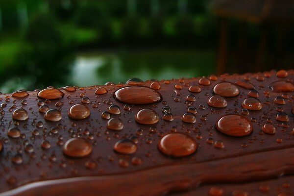 Gotas de agua en la barandilla marrón