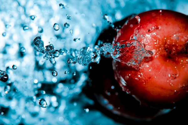 Red apple in drops of water