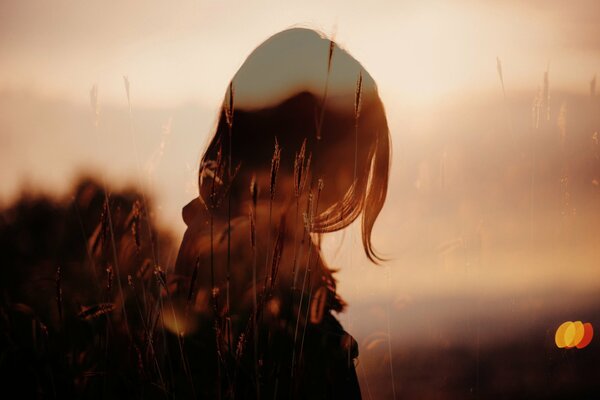 Foto-composición: chica en el campo en el fondo de la puesta de sol