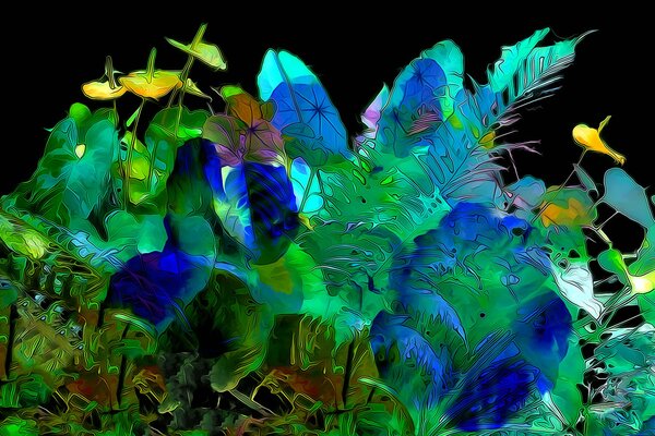 Plantes exotiques lumineuses sur fond noir ont l air magique