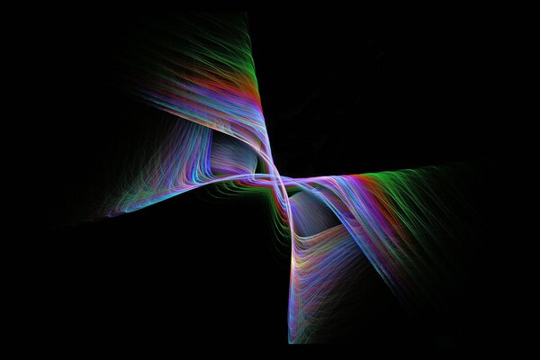 Rainbow lines forming the shape of a butterfly on a black background