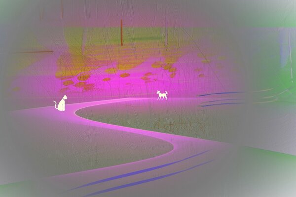 Neon composition of a wavy road. Cat and dog