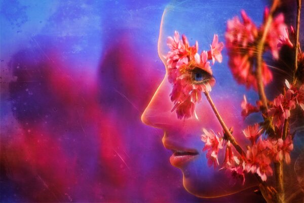 The effect of a girl abstractly combined with a sprig of red flowers