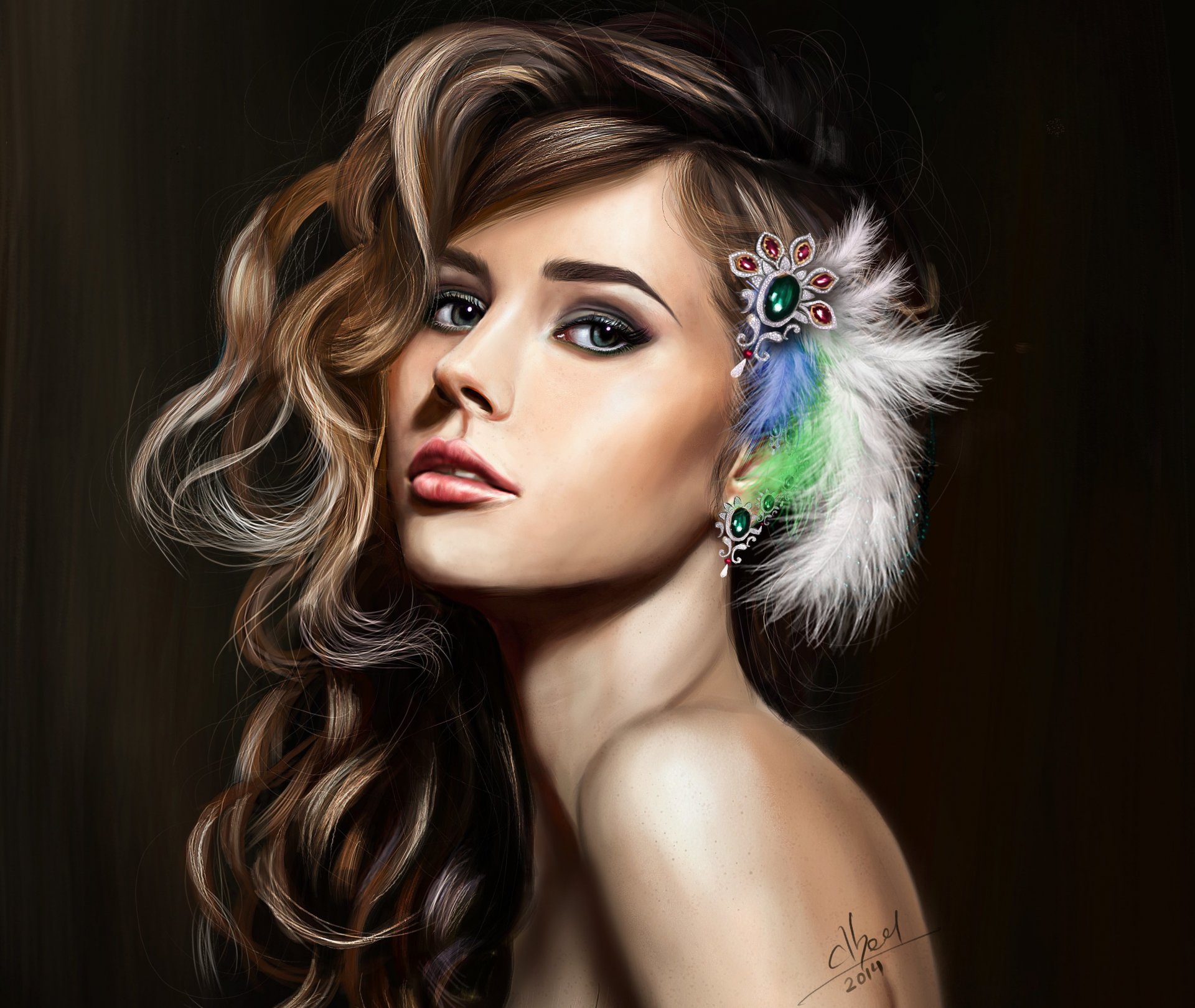 art fille belle visage regard maquillage cheveux boucles boucles plumes bijoux