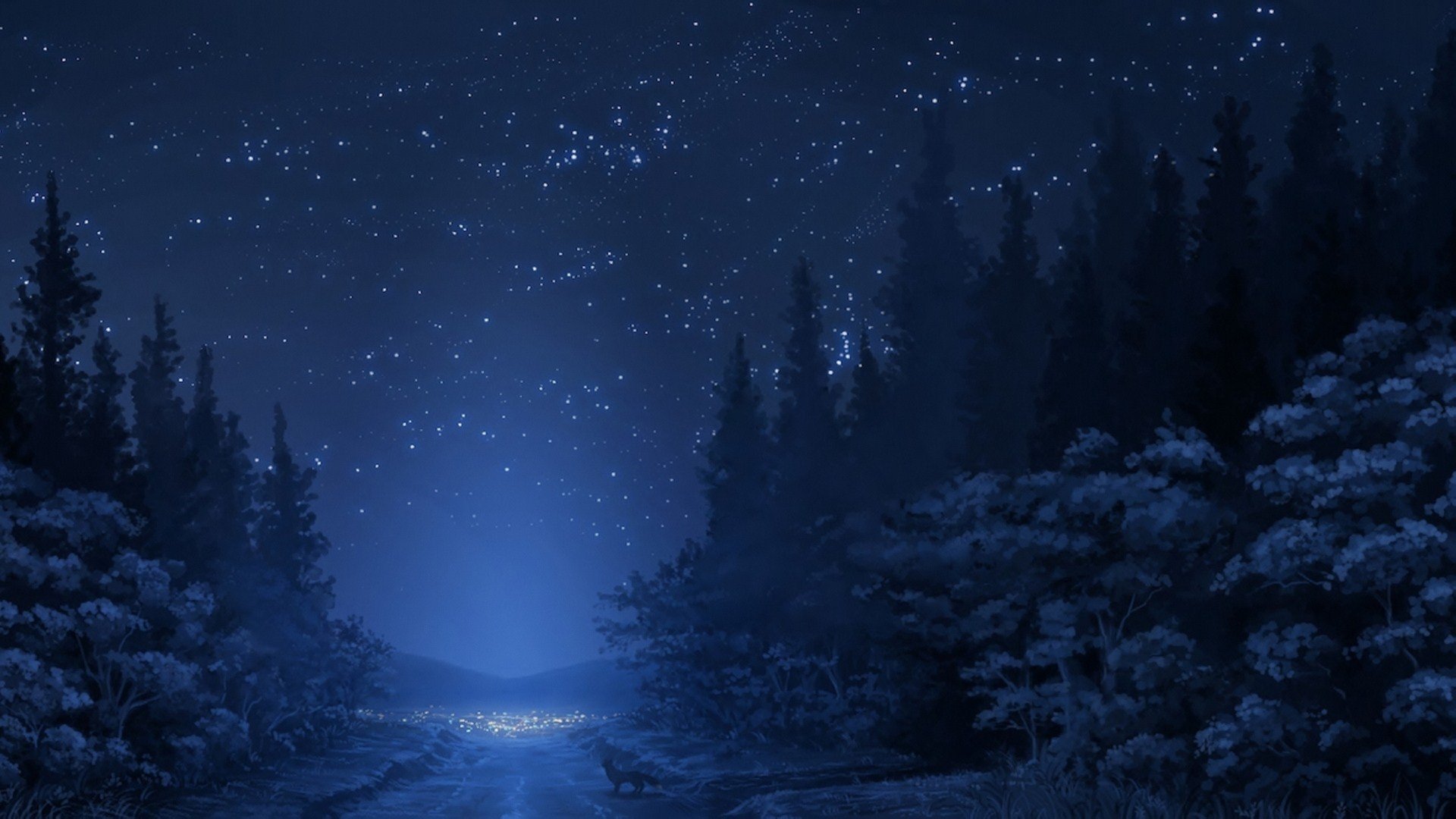 forest snow mountain road winter tree sky night star fox