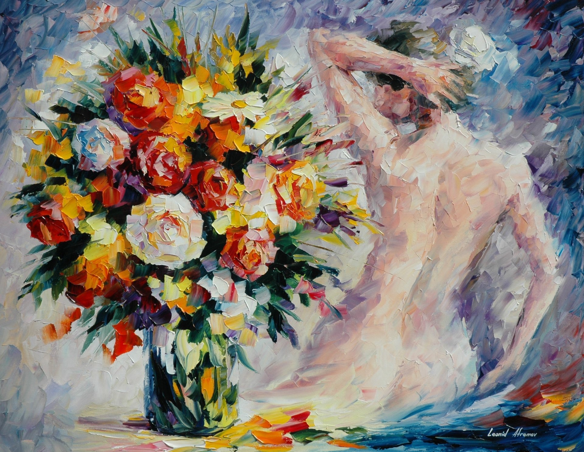 leonid afremov pintura flores ramo florero chica espalda manos