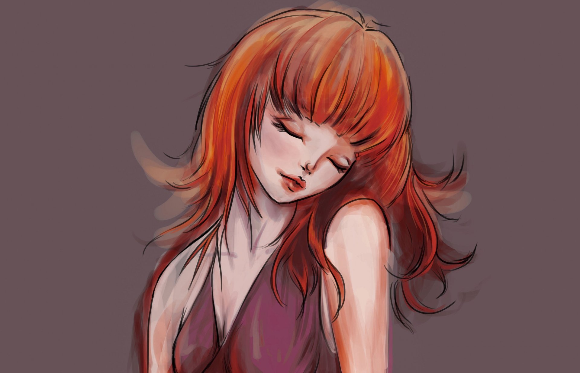 painting art girl hair red eyes closed face hands shoulders dress background