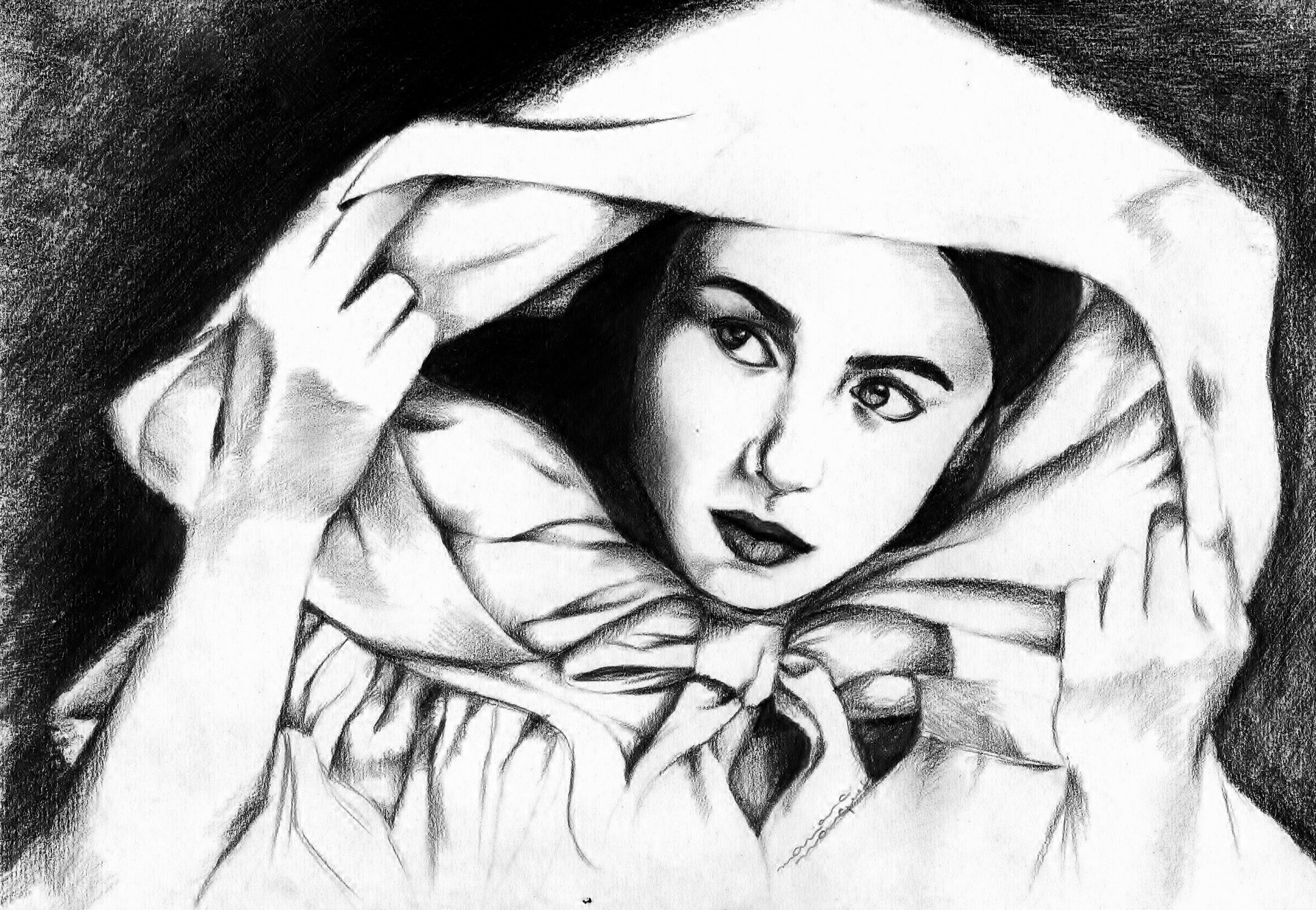 painting girl face view eyes cloak coat hands background