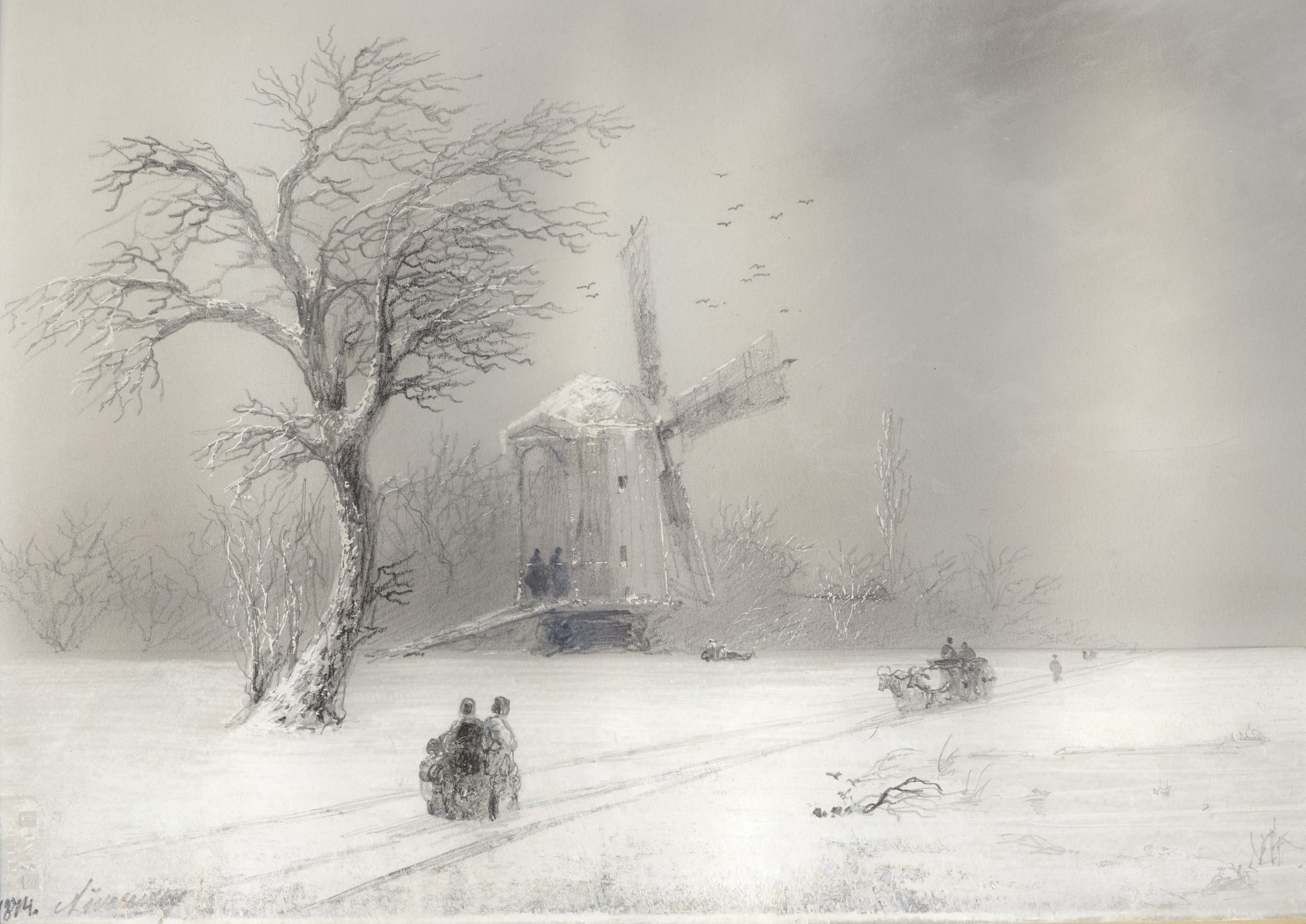 aivazovsky winter mill blizzard people road sledge pattern