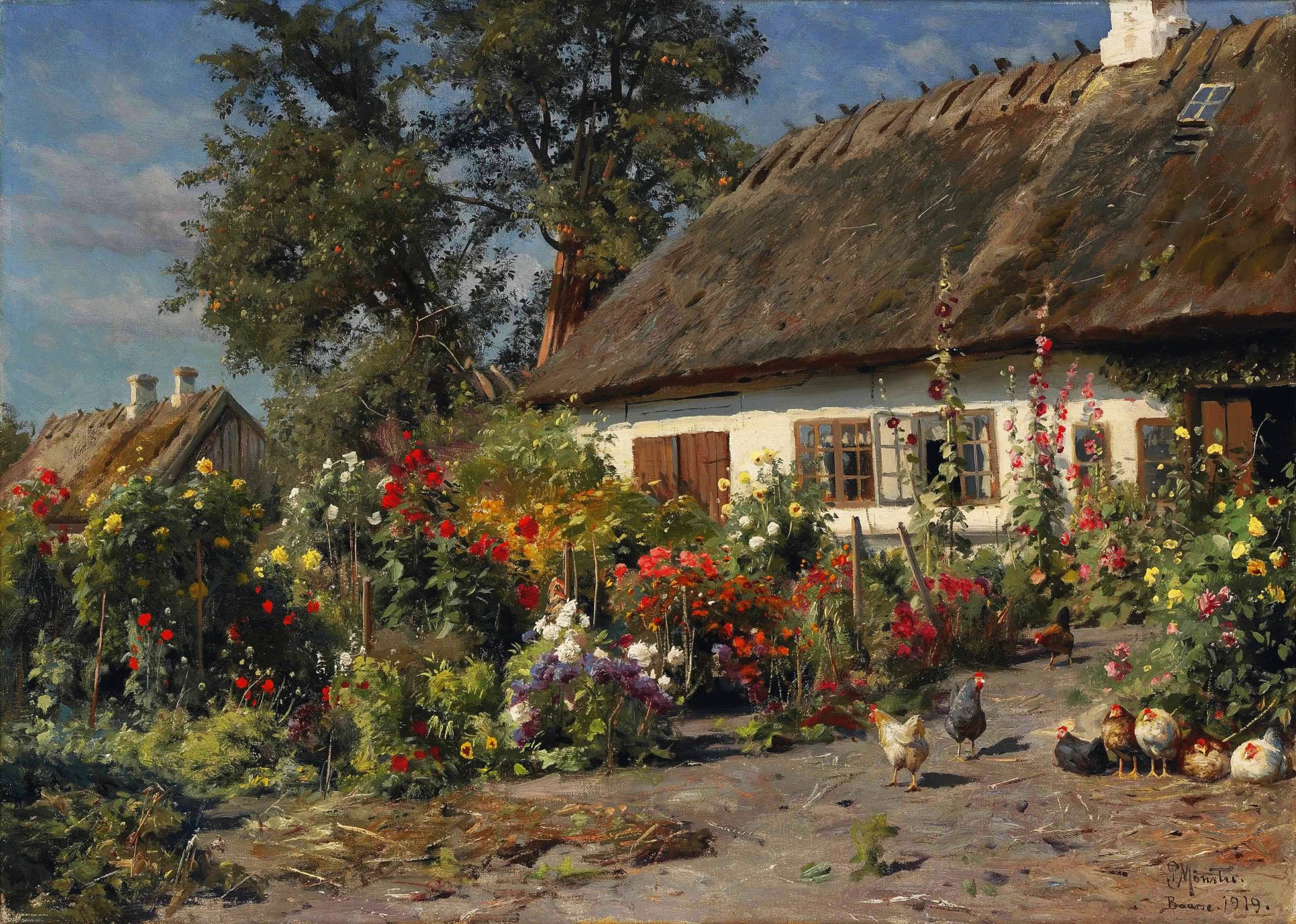 peder monsted pintura flores casa malvas pollos cabaña ventanas árboles paisaje