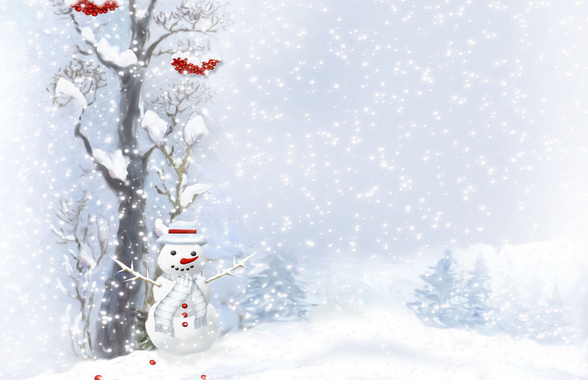 muñeco de nieve bufanda botones árbol bayas nevadas