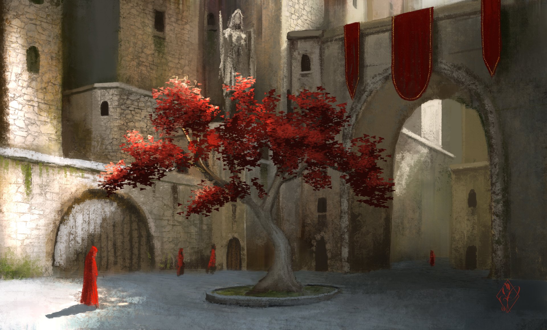 art town castle yard people robes tree foliage red arch