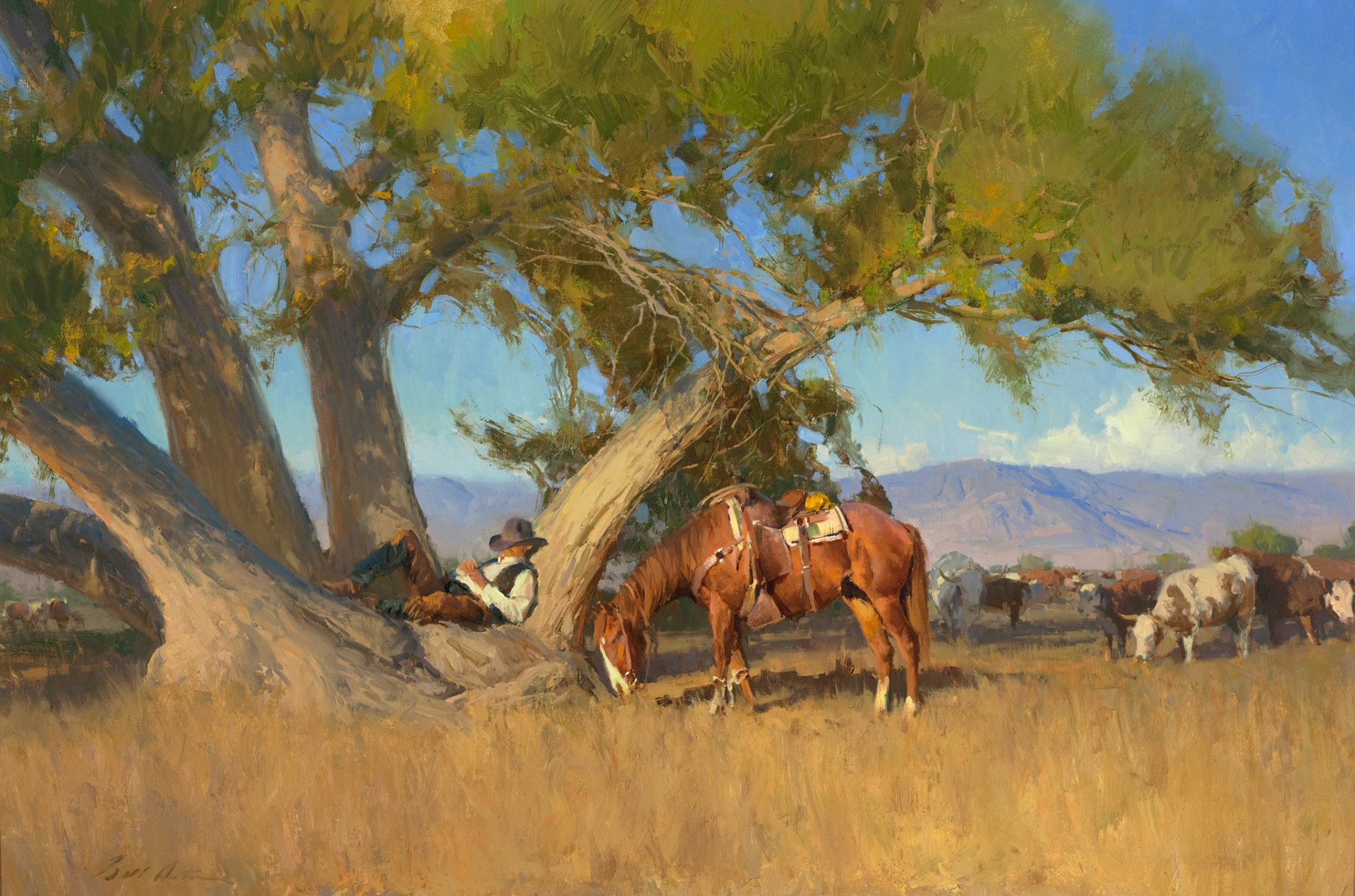 anton bill landscape sky mountain tree cow horse cowboy sleeping sport