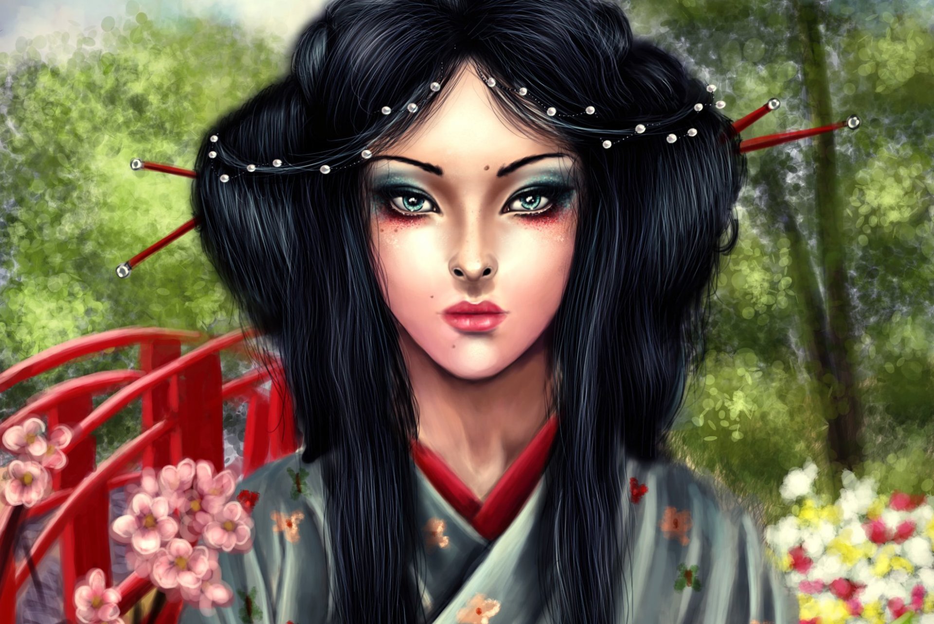 asa mitsuko art geisha face make-up view hair kimono bridge tree