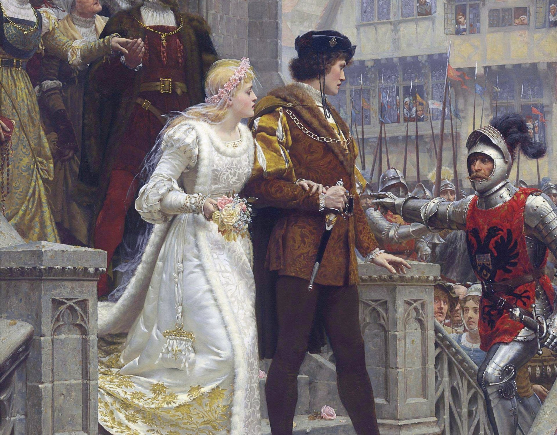 edmund blair leighton artista inglese romanticismo preraffaellita medioevo chiamata alle armi immagine castello matrimonio sposo sposa cavaliere armatura spada preraffaellita pittura