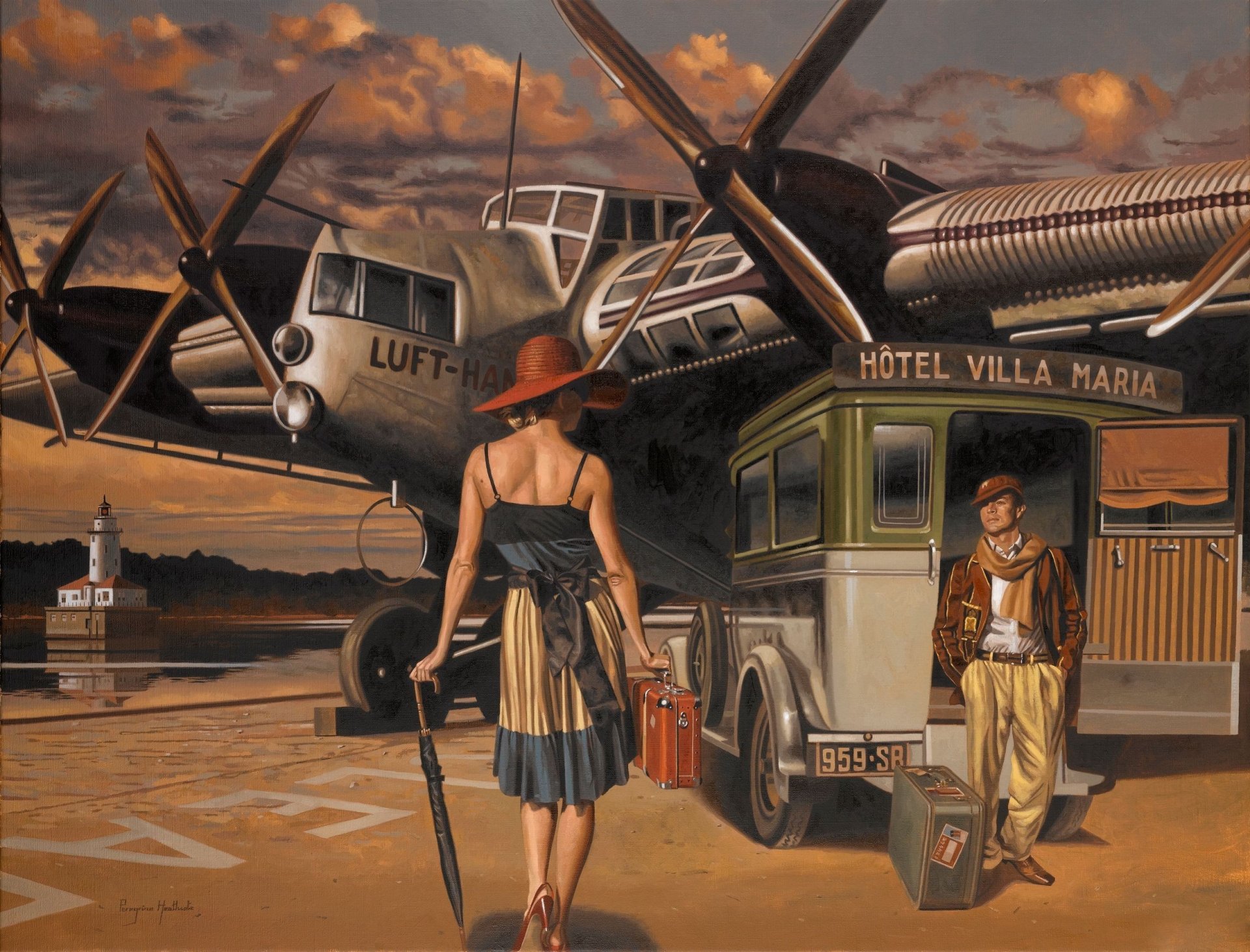 peregrine heathcote rysunek samolot plecy kobieta mężczyzna samochód kapelusz walizka parasol