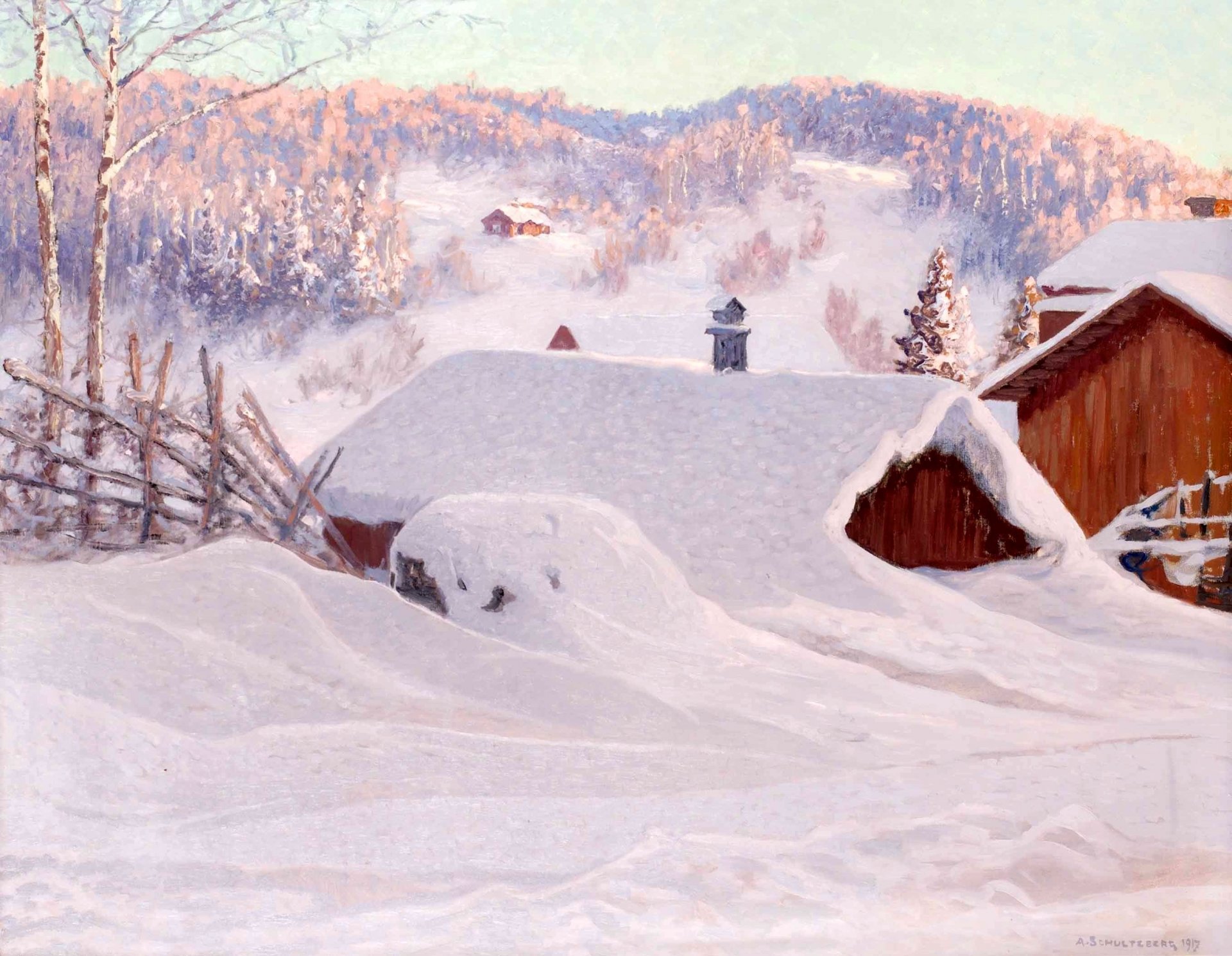 bild landschaft anshelm schulzberg winter häuser dächer drifts schnee wald bäume hügel