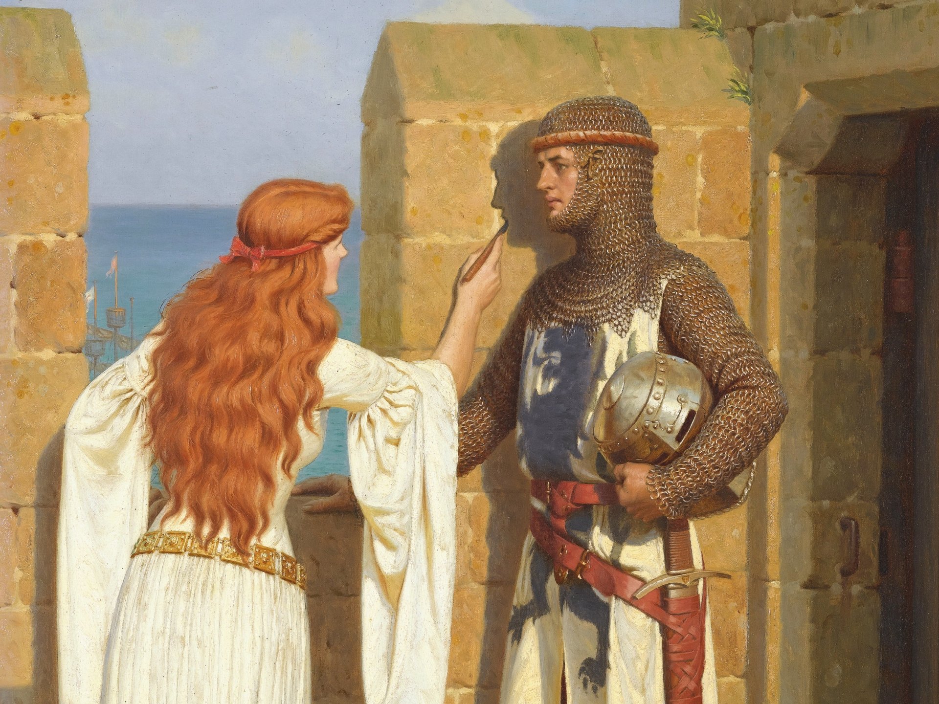 edmund blair layton peintre anglais romantisme préraphaélite moyen âge ombre image amour château fortification mur fille des neiges chevalier armure préraphaélite peinture