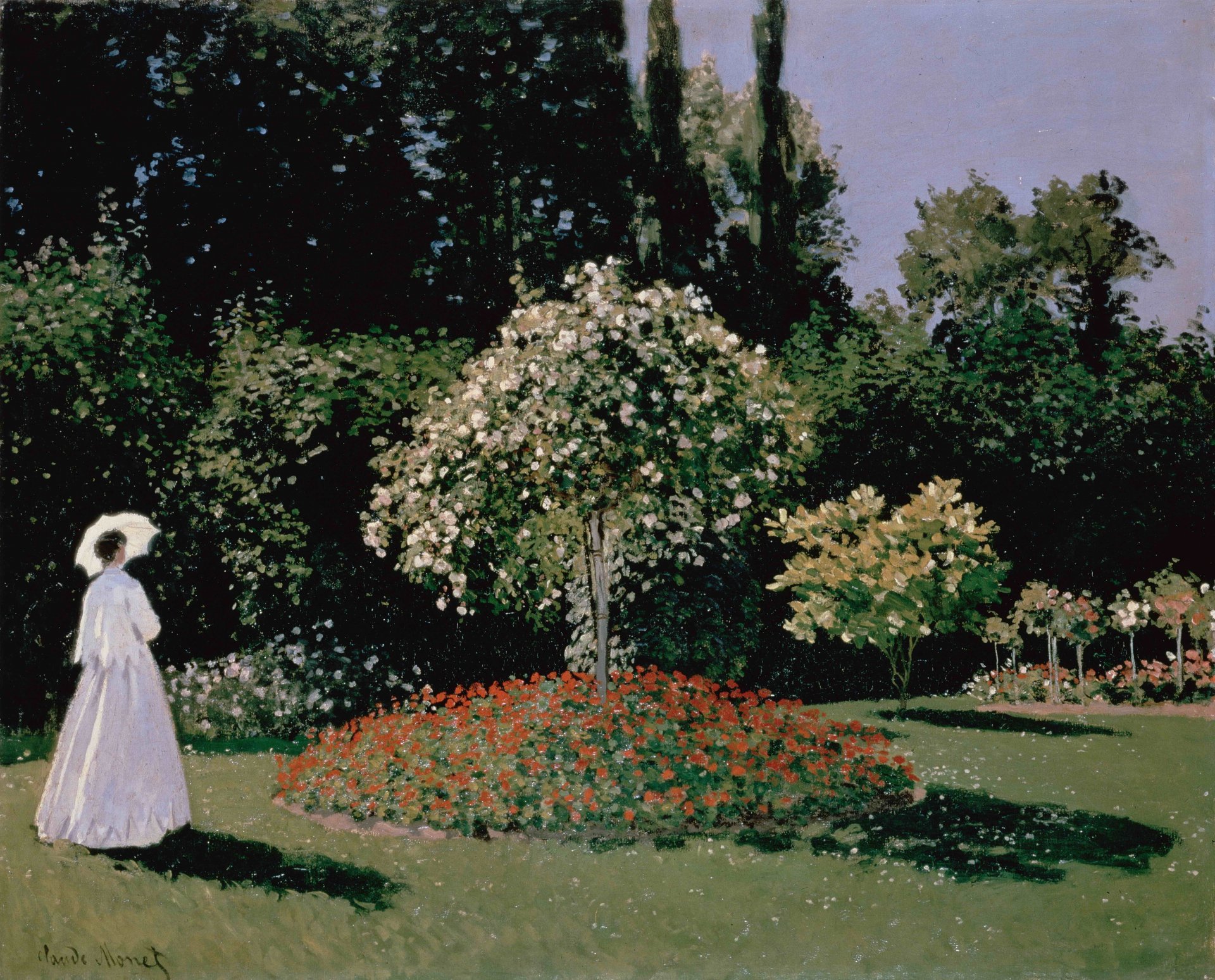 monet claude frau im garten saint-adress frau blumen kleid sommer garten bäume regenschirm schatten himmel natur