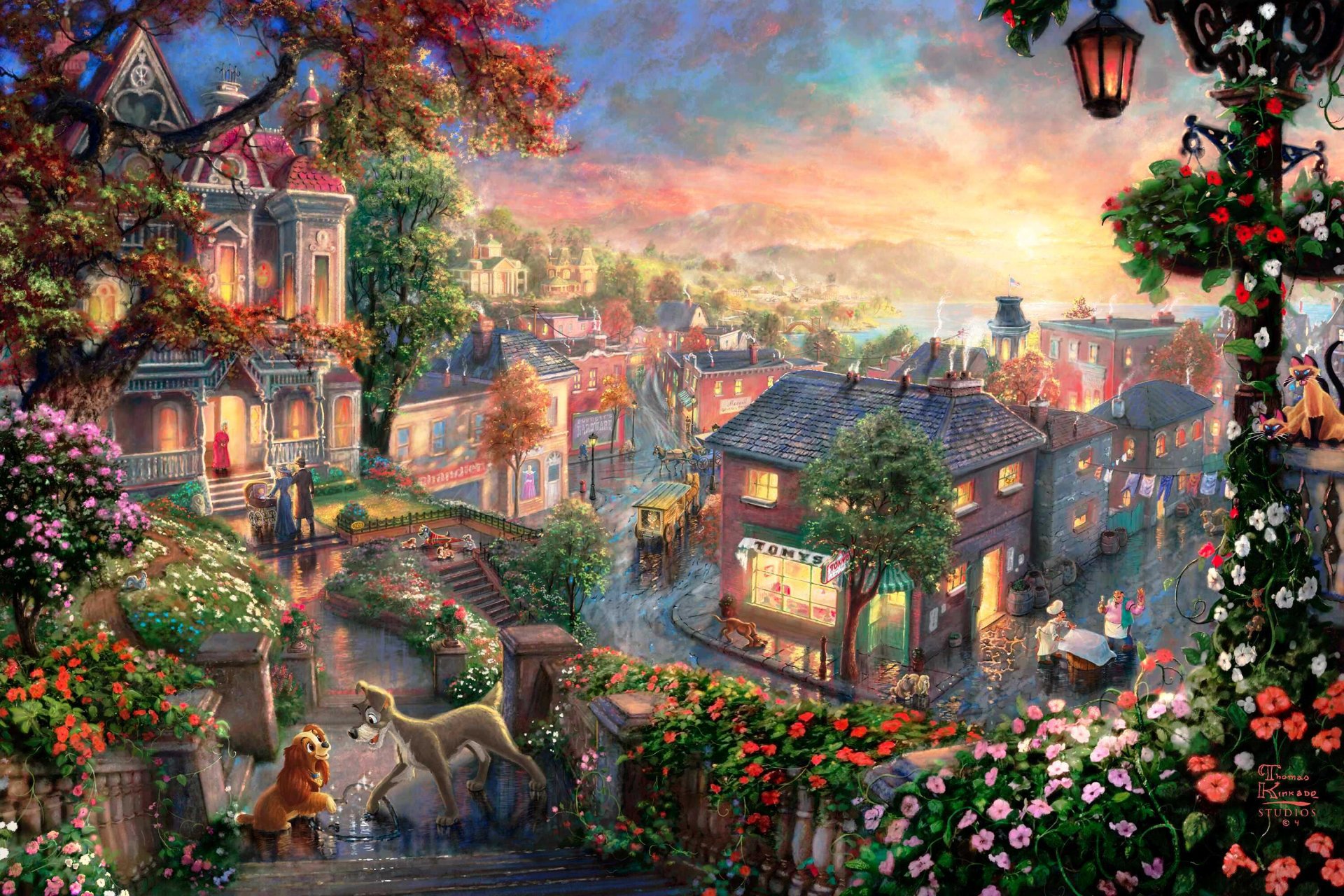 dame und landstreicher thomas kincaid thomas kincaid studio walt disney malerei karikatur cockerspaniel dame landstreicher haushälterin viktorianisch stadt reich viertel häuser blumen katzen laterne sonnenuntergang herz liebe